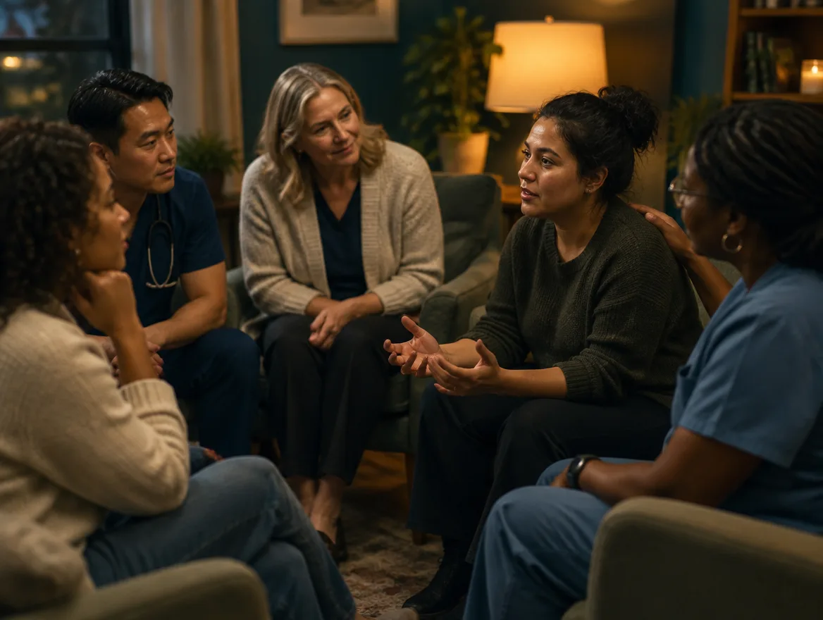 A small group of nurses talking and supporting one another