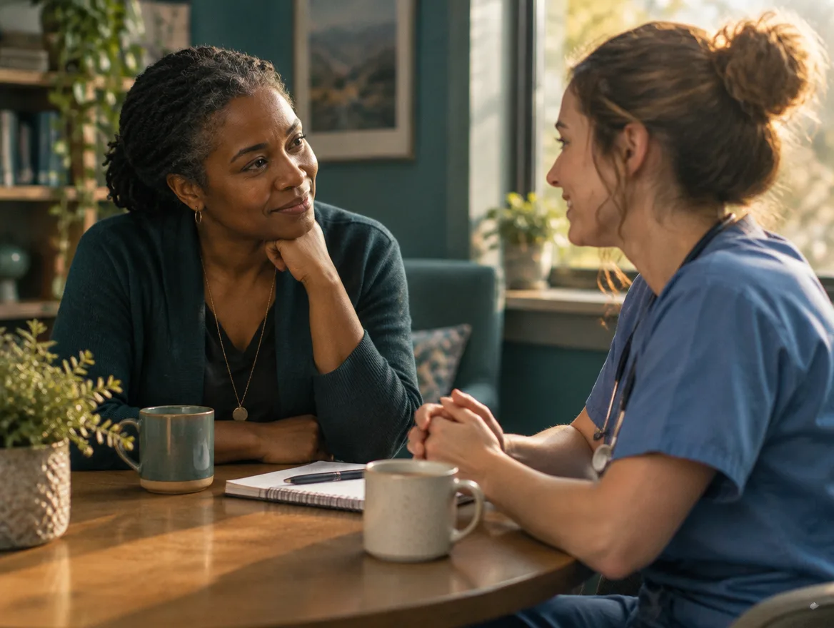 Two women talking warmly over coffee