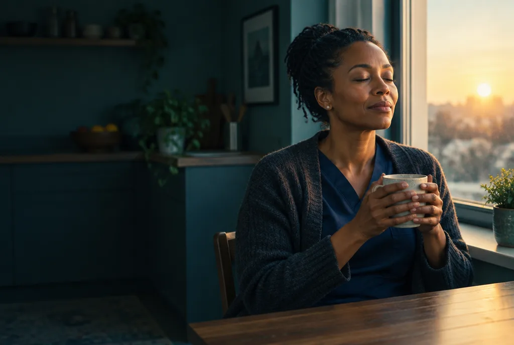 A nurse pausing with a cup of coffee by a sunrise window
