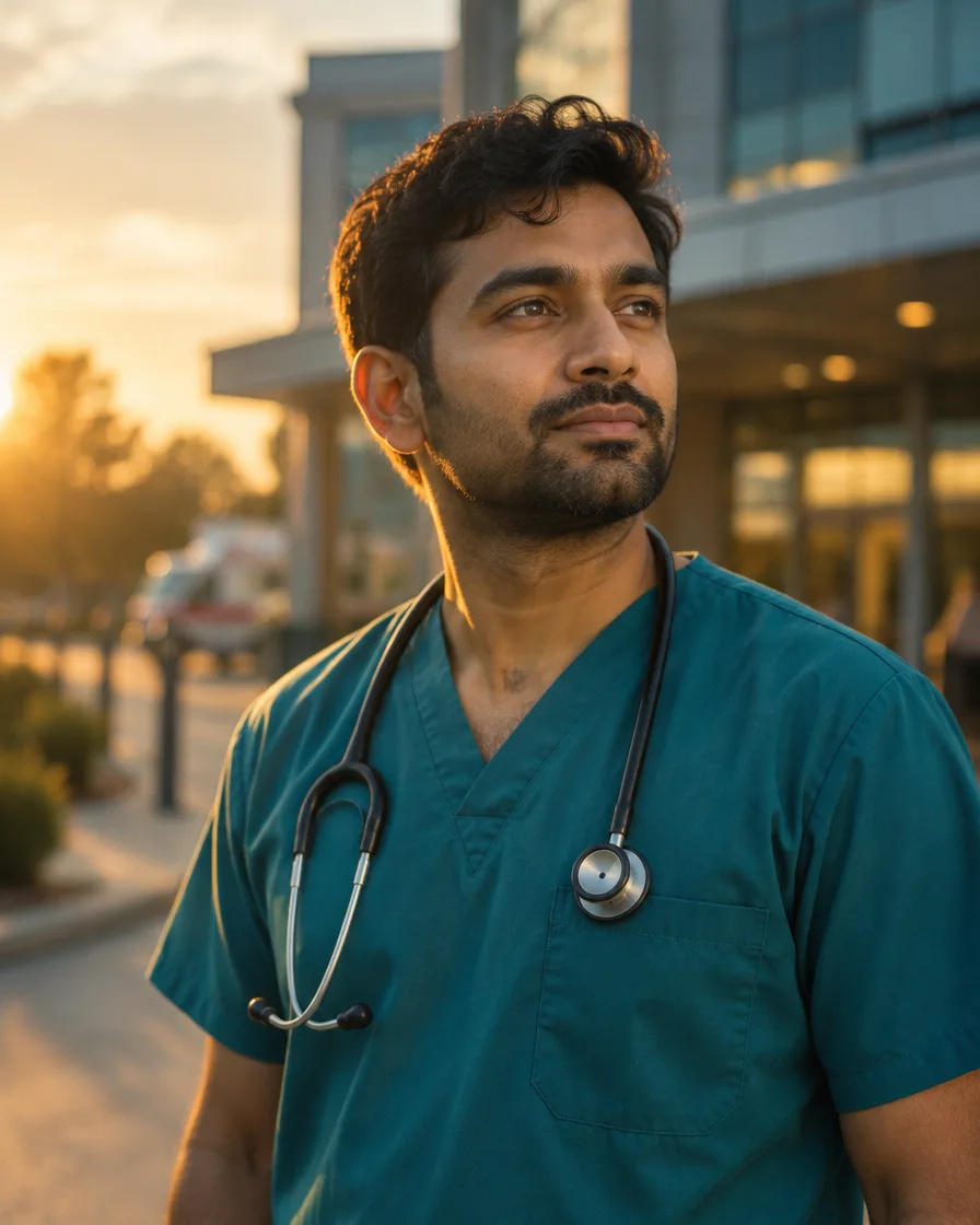 A nurse in teal scrubs standing in golden evening light