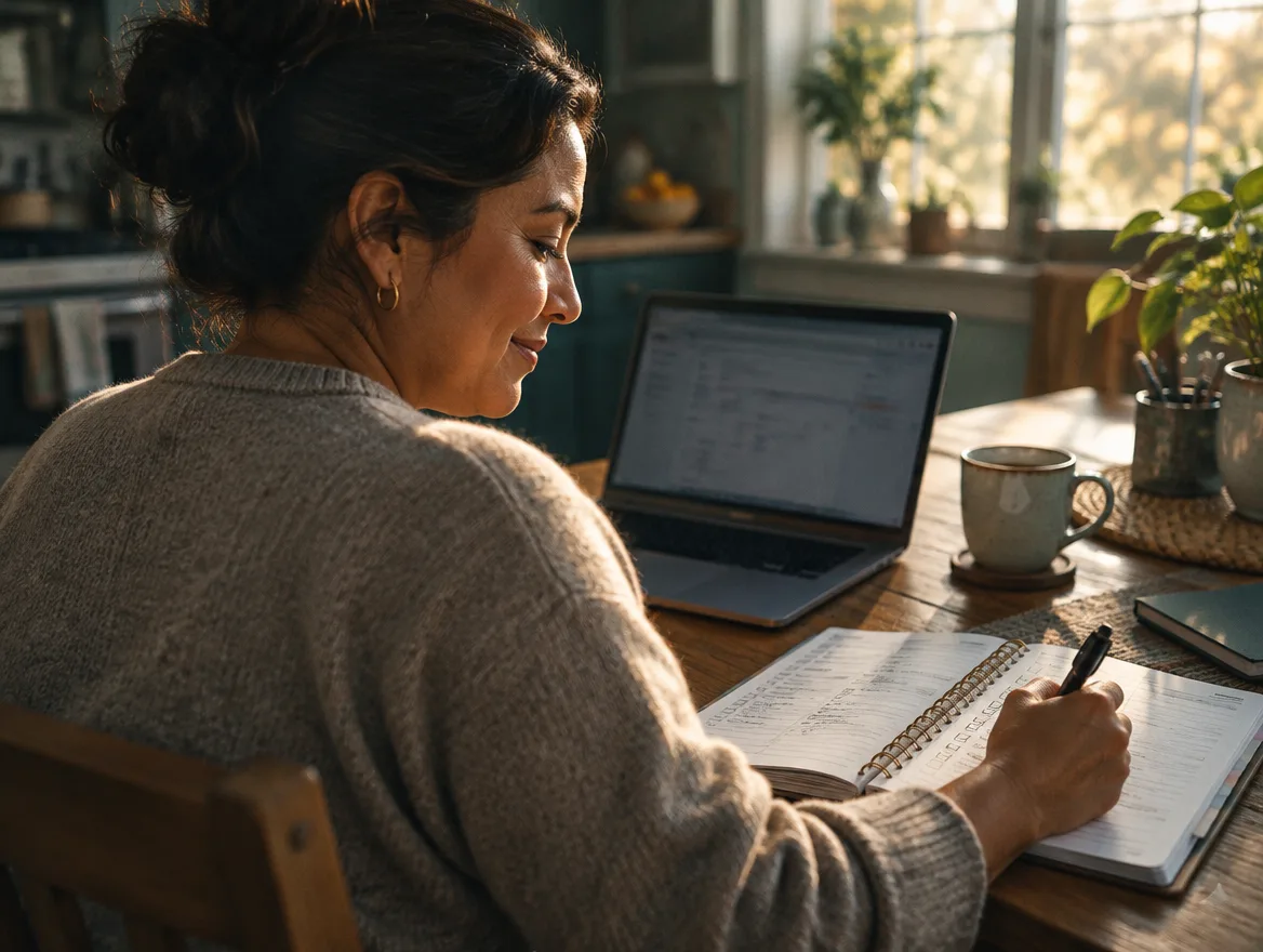 A nurse at a kitchen table checking off a task in a planner beside a laptop